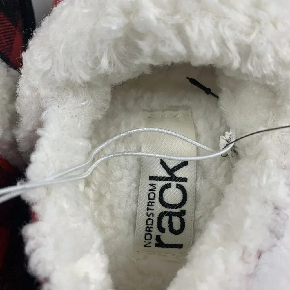 Nordstrom Rack Faux Shearling‎ Slippers Kid's 11/12 Red Bloom Buffalo Plaid 8009